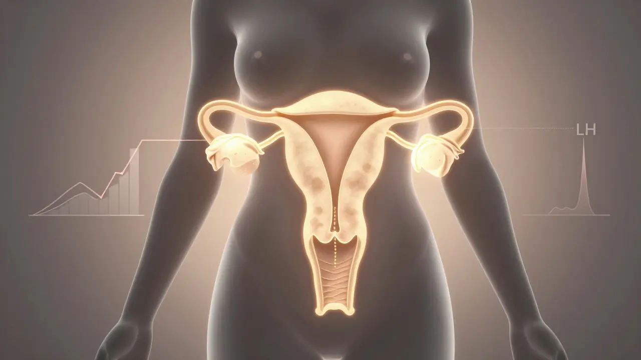 Schematický vývoj vajíčka v těle ženy s hormonálními signály.