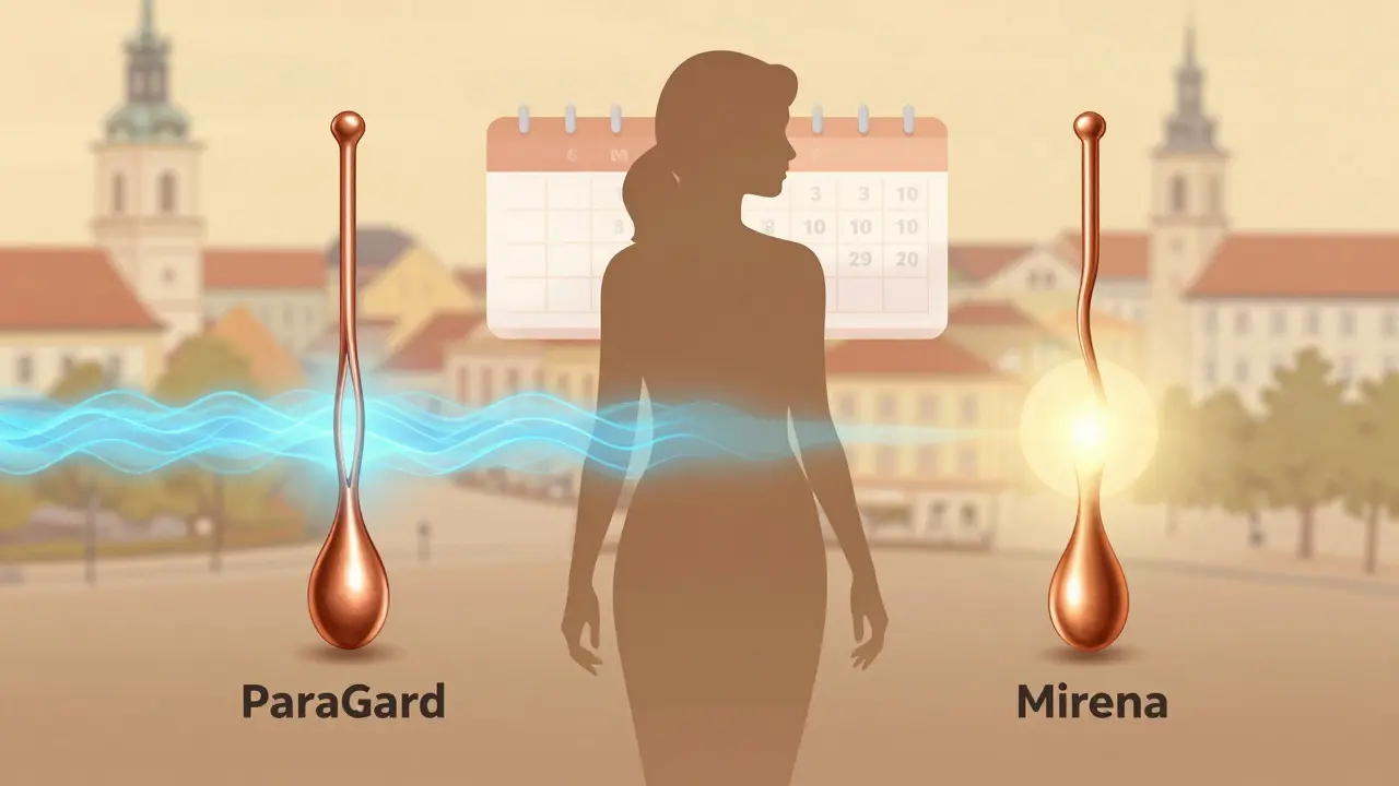Srovnání hormonálního a nehormonálního nitroděložního tělíska s ikonami ochrany na 3–10 let a pozadím brněnského města.