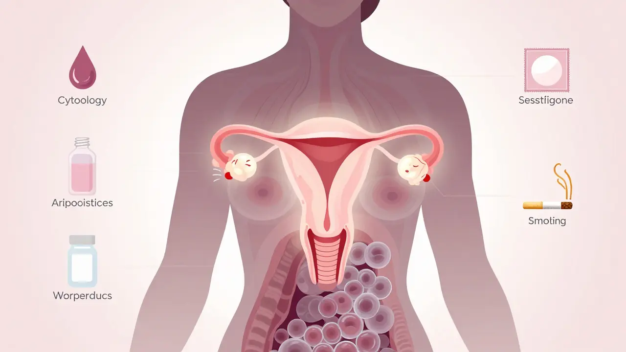 Stylizovaná ženská silueta s transparentními vrstvami ukazujícími faktory ovlivňující cytologii a zdravé buňky na děložním čípku.