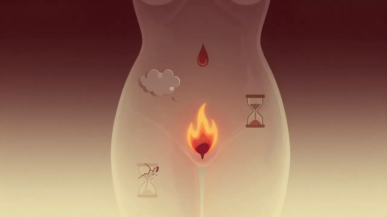 Stylizovaný výřez těla ženy s viditelnými příznaky rakoviny pochvy jako symboly.