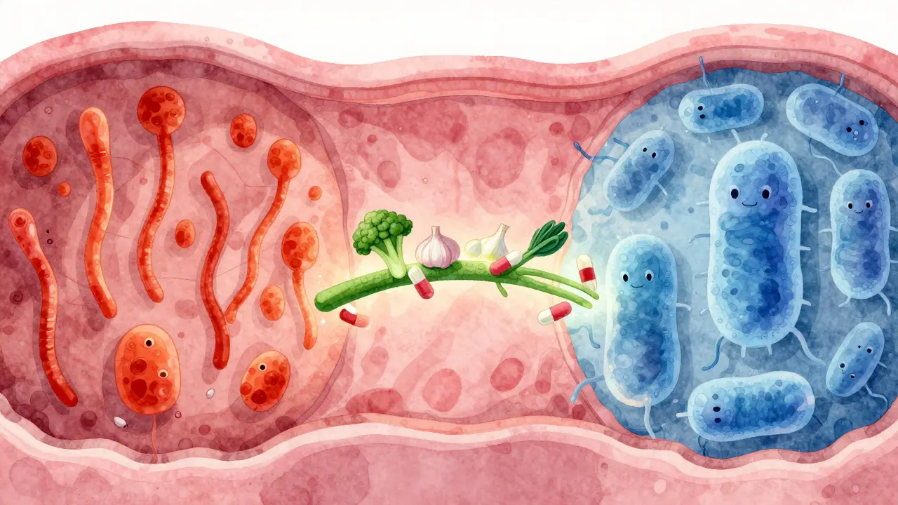 Symbolický obraz rovnováhy mikroflóry: škodlivé kvasinky vs. zdravé bakterie spojené zeleninou a probiotiky.