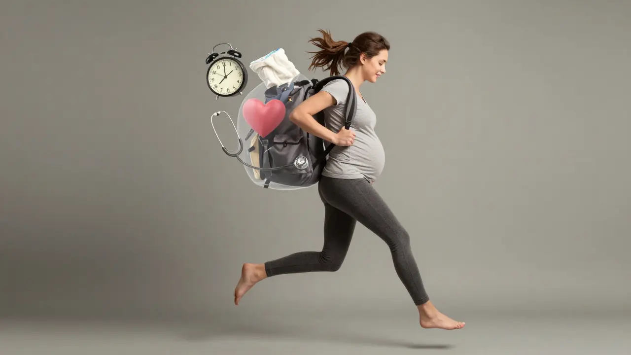 Těhotná žena kročí s představou symbolického batohu, který představuje tíhu těhotenství.