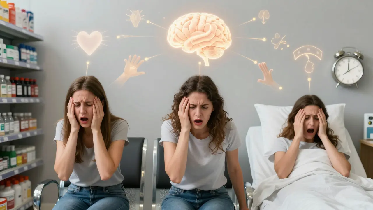 Tři ženy v různých situacích zažívají panický útok, kolem nich se vznášejí vizuální symboly tělesných příznaků a mozkového zdroje.