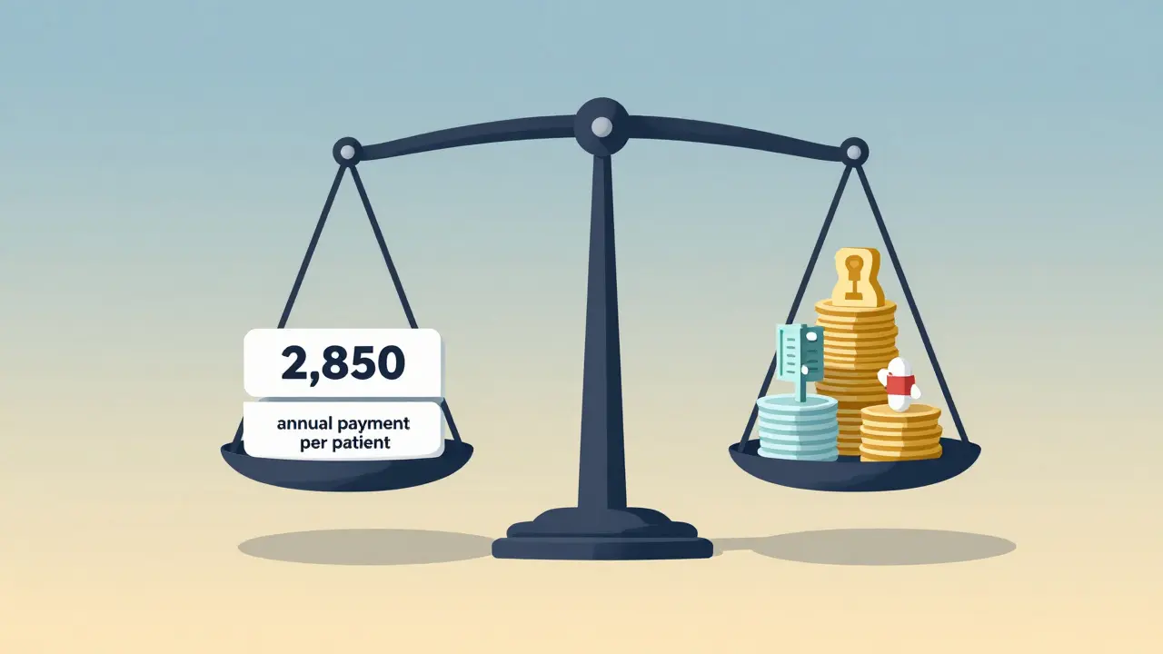 Váhová rovnováha mezi ročním výdělkem za pacienta a náklady na ordinaci.