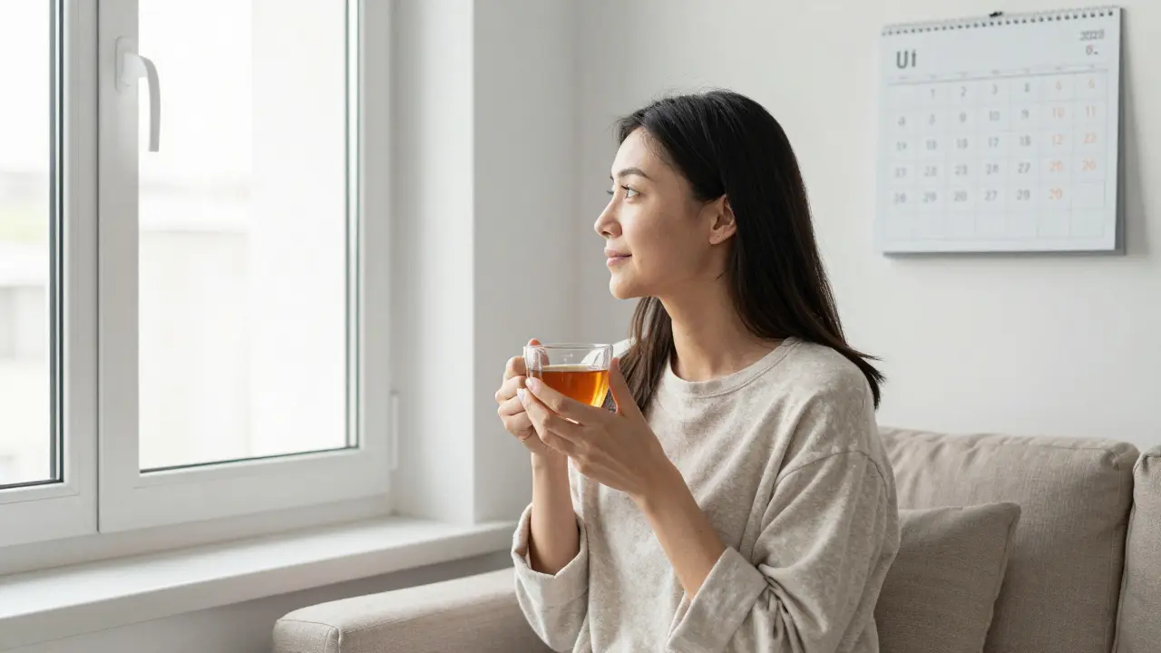 Žena doma po konizaci, klidně se zotavuje s šálkem čaje a pohledem do okna.