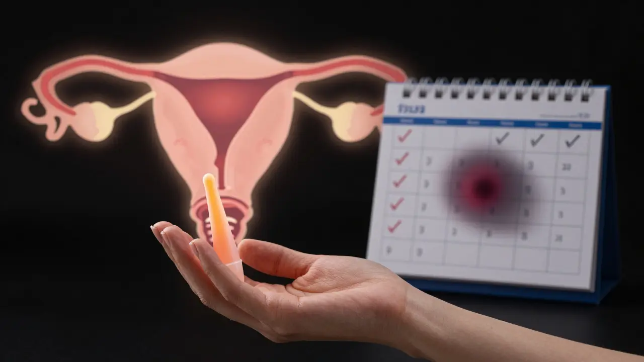 Žena drží plastové speculum vedle kalendáře s označenými vyšetřeními.