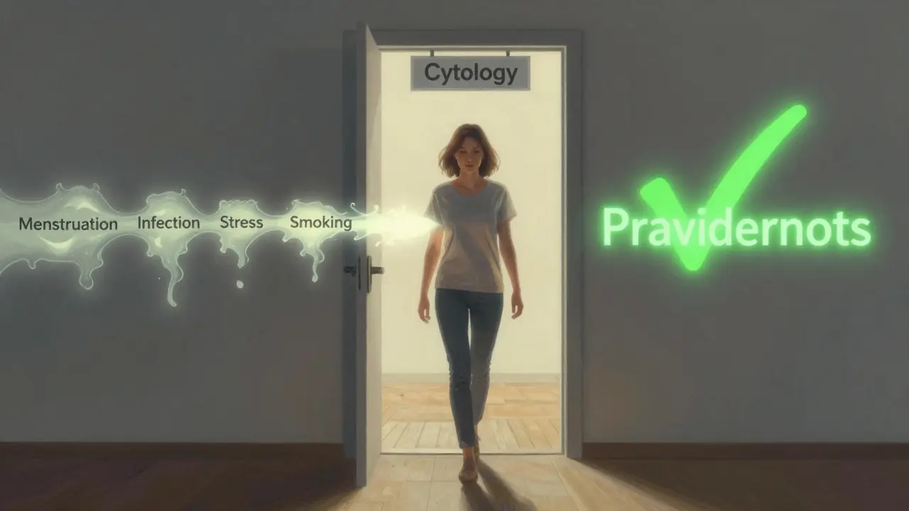 Žena kročí přes překážky k jasnému výsledku cytologie, symbolizující důležitost pravidelných vyšetření.