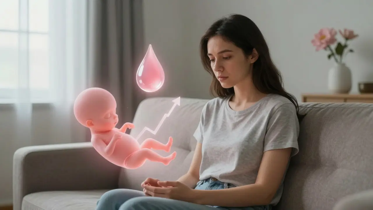 Žena na pohovce, kolem ní průhledné symboly těhotenství: embryo, krev, hormonální graf a květ.