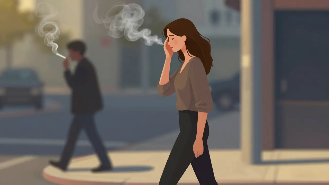 Žena se obrací pryč od muže kouřícího na ulici, výraz na tváři jemného nepřijetí.
