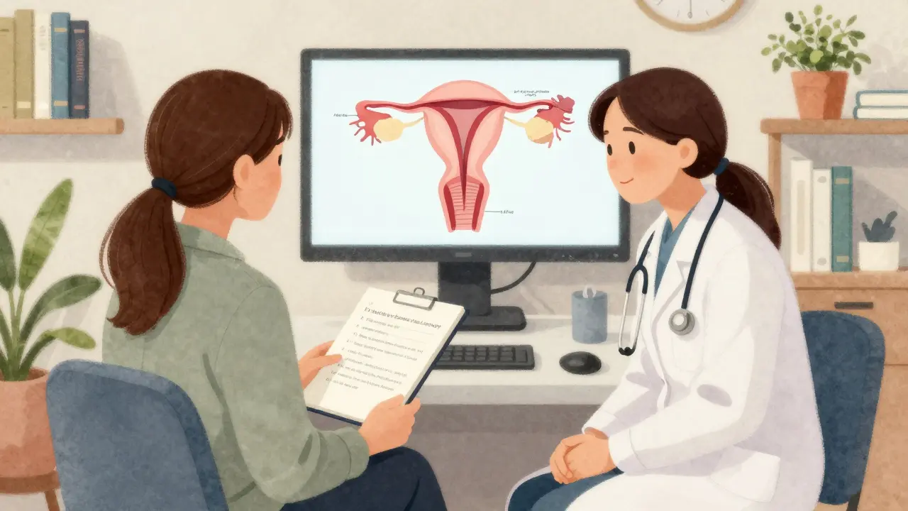 Žena v konzultační místnosti s poznámkami a lékařkou, která jí pozorně naslouchá.