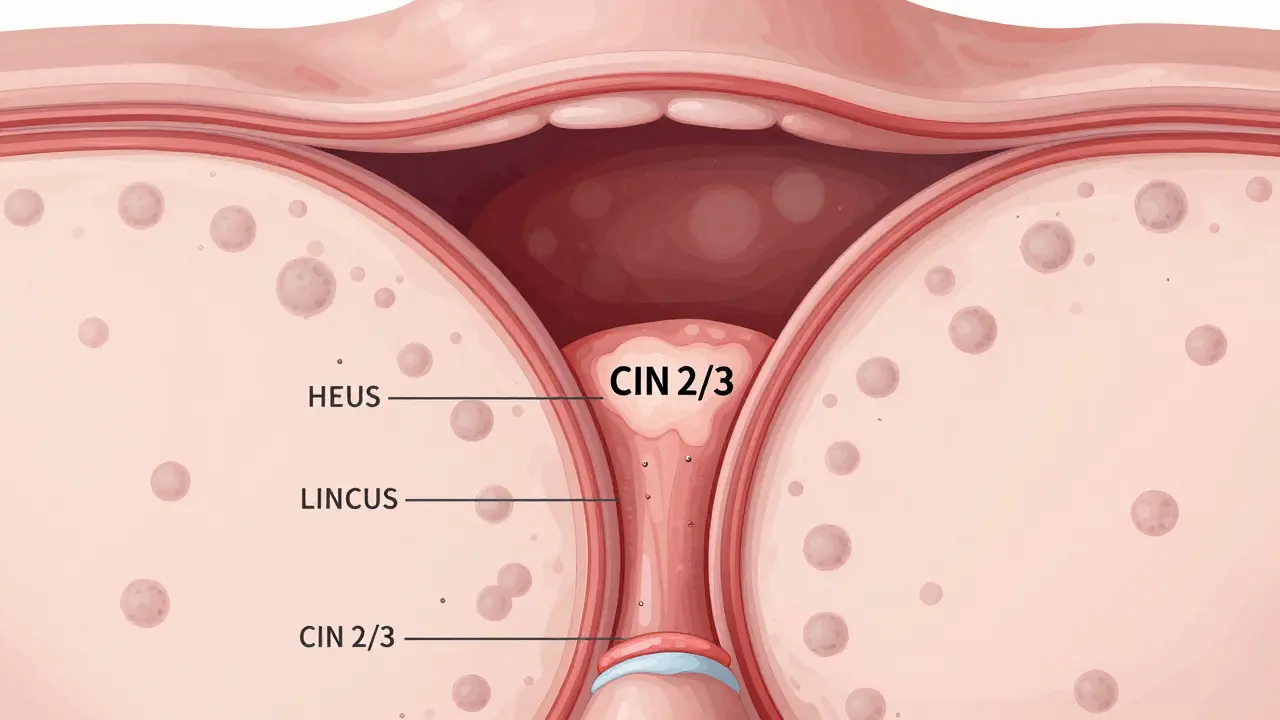 Zvětšený řez děložního hrdla ukazující odstraněný kónický kousek tkáně s abnormálními buňkami.