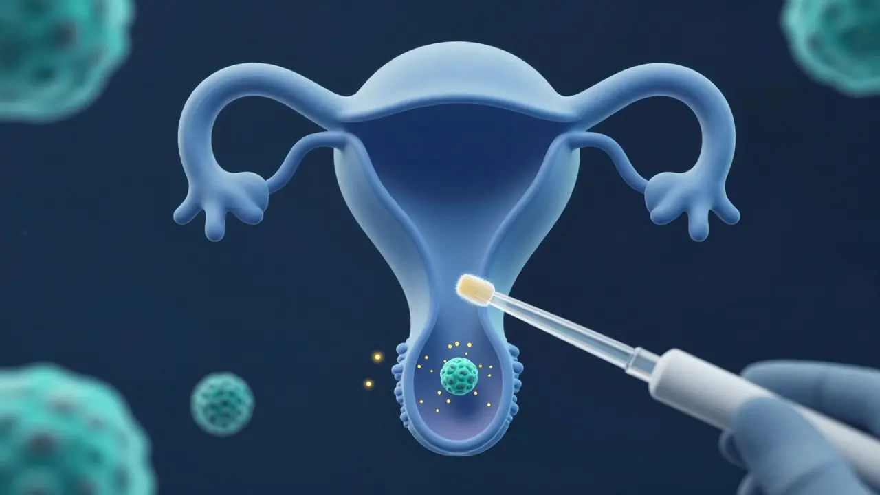 3D ilustrace odběru buněk z děložního hrdla pro cytologické vyšetření.