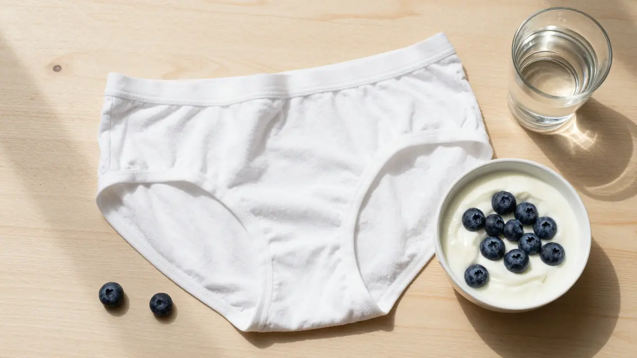 Bavlněné prádlo, jogurt a voda jako symboly prevence a zdravého životního stylu.