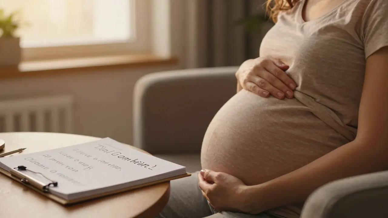 Budoucí maminka v posledním trimestru s těhotenskou průkazkou.