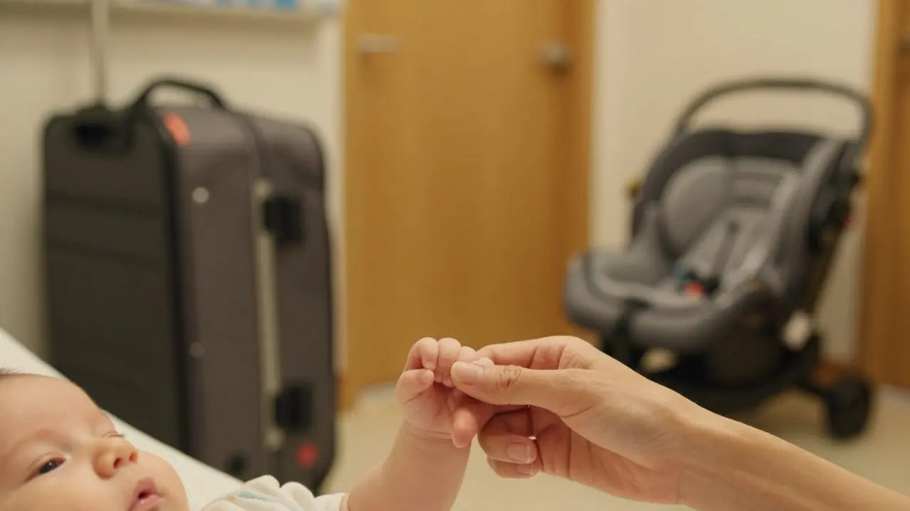 Detail dětské ruky a mateřského prstu při přípravě k odchodu domů.