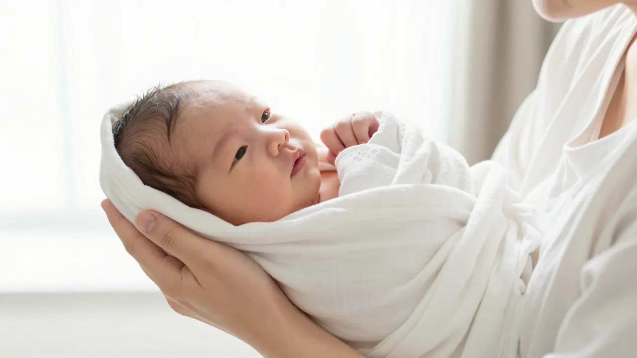 Detail mateřských rukou jemně objímajících novorozeně v jasném a čistém prostředí.