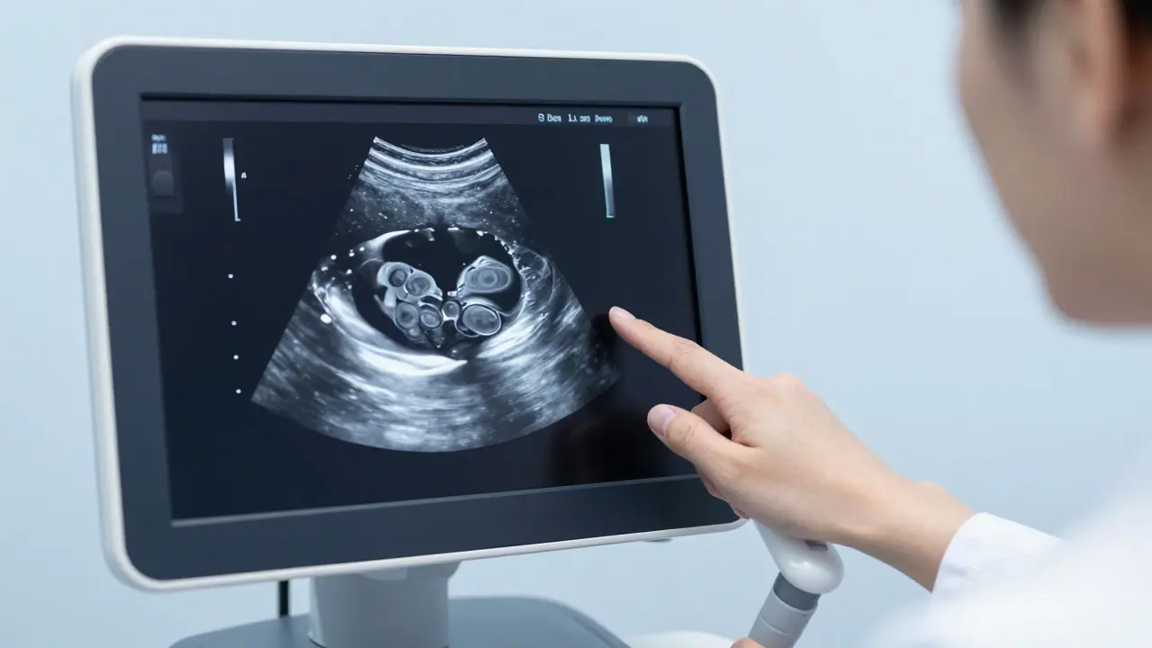 Detail ultrazvukového monitoru zobrazující podezřelou cystu na vaječníku.