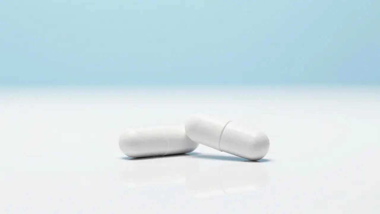 Dvě farmaceutické tablety na čistém bílém podkladu.