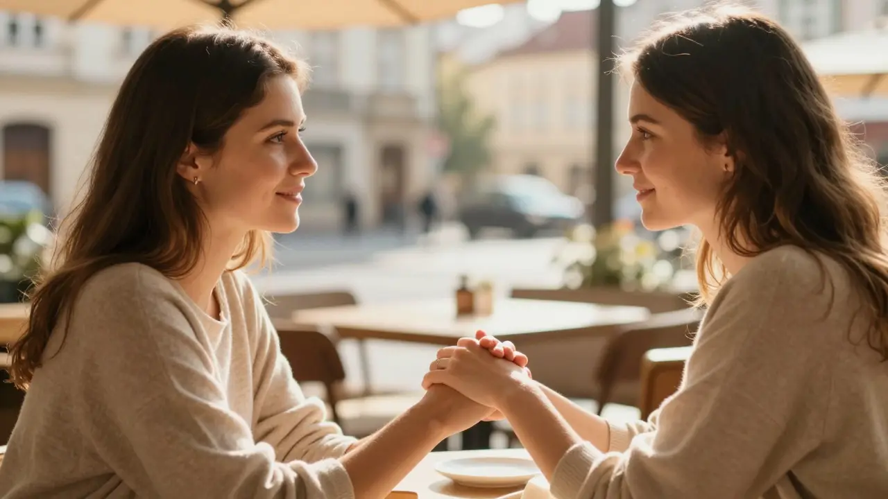 Dvě ženy v pražské kavárně při empatické a podporující konverzaci.