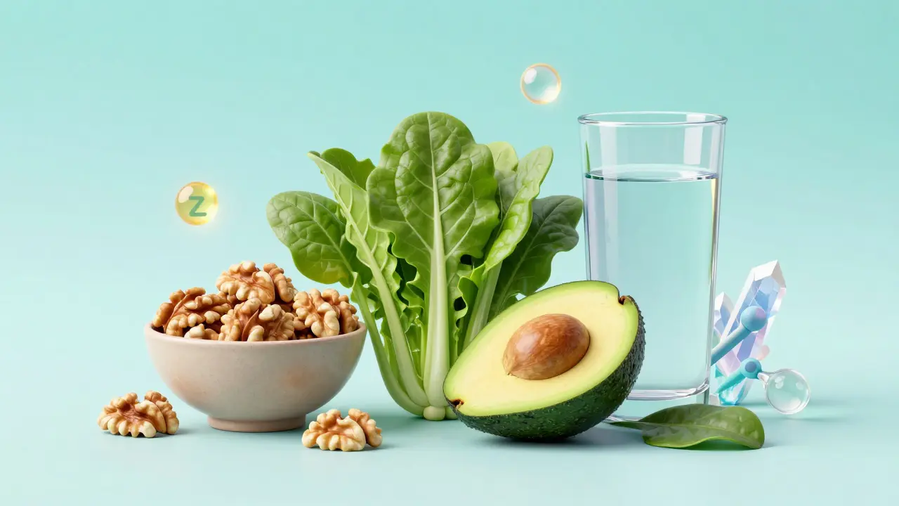 Kombinace zdravých potravin a mikroživin pro zvýšení plodnosti.