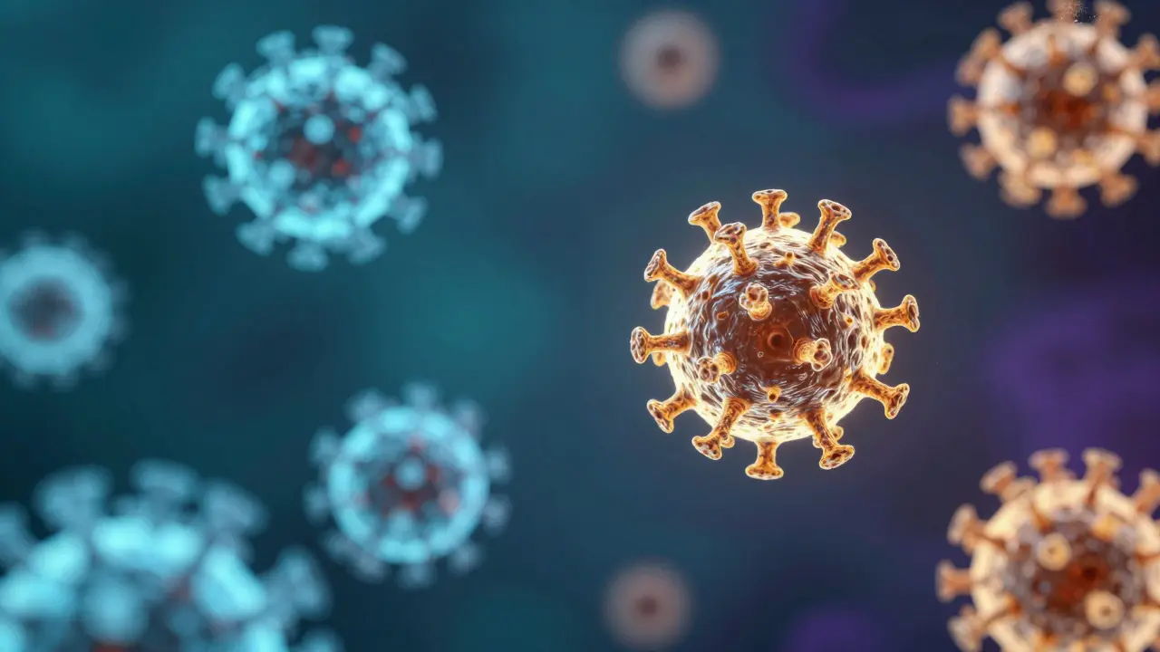 Konceptuální 3D vizualizace částic HPV viru v tmavém prostoru.