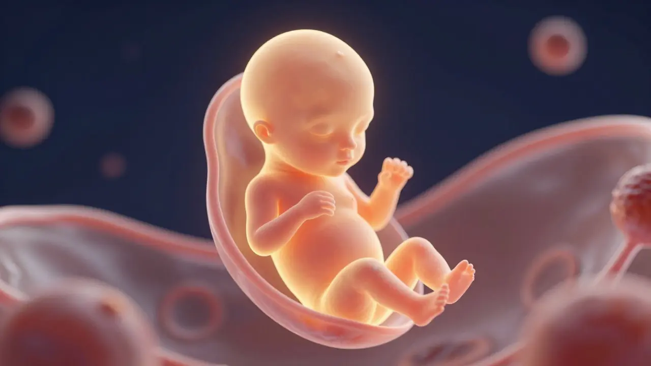 Konceptuální 4D zobrazení plodu v děloze s detailními rysy tváře.