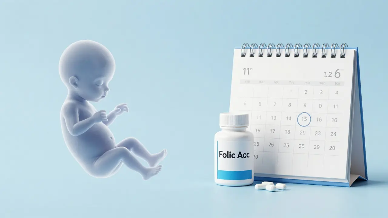 Konceptuální snímek plodu v 12. týdnu s doplňky stravy a kalendářem.