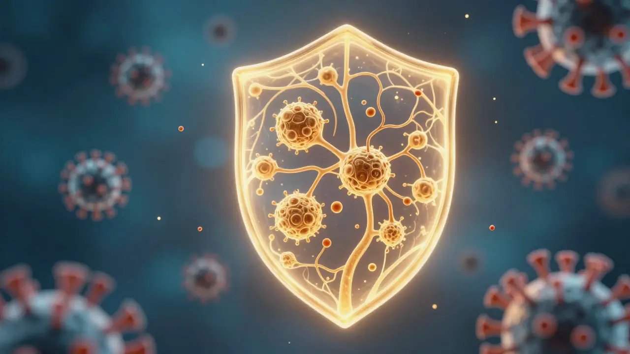 Konceptuální znázornění imunitního systému jako zlatého štítu bojujícího s viry.