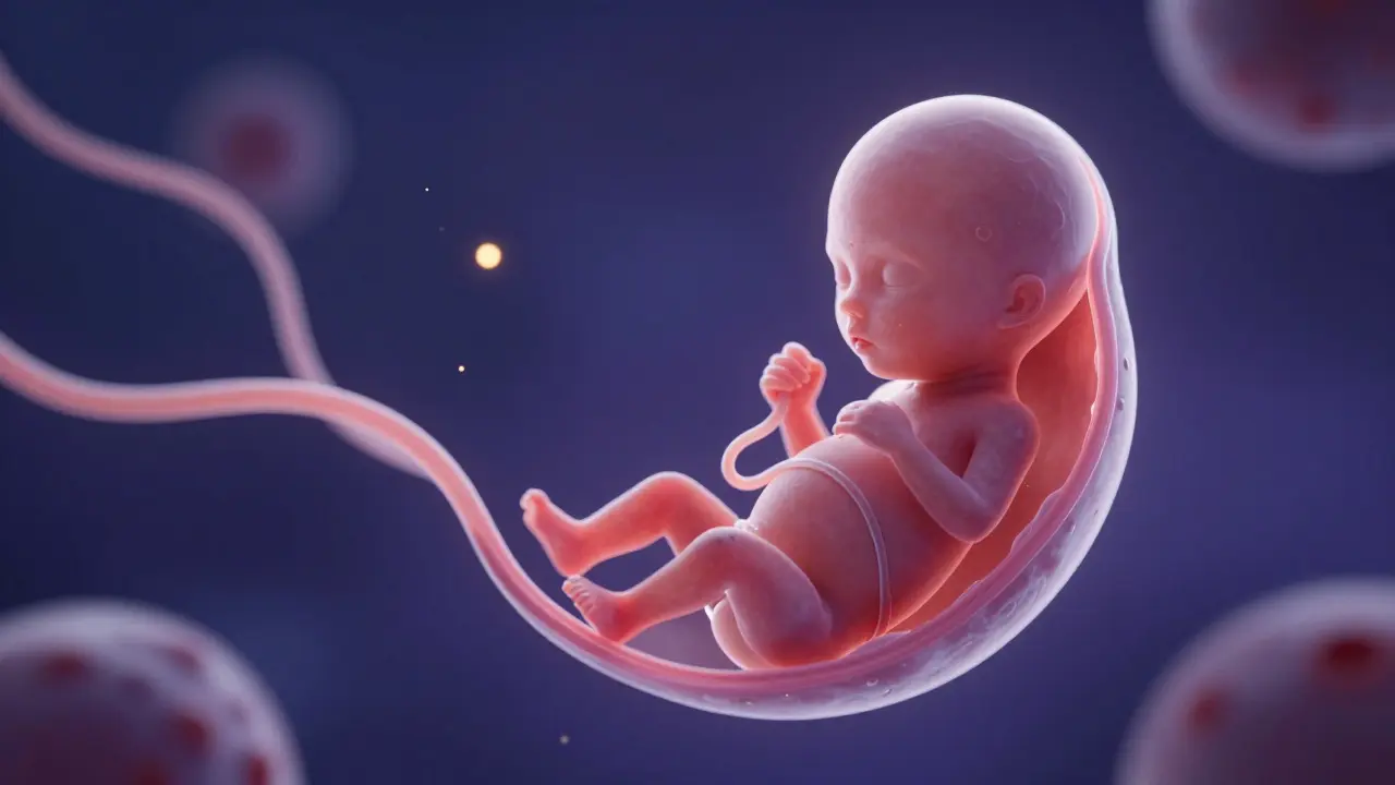 Konceptuální zobrazení embrya v těhotenském vaku v raném stádiu vývoje.