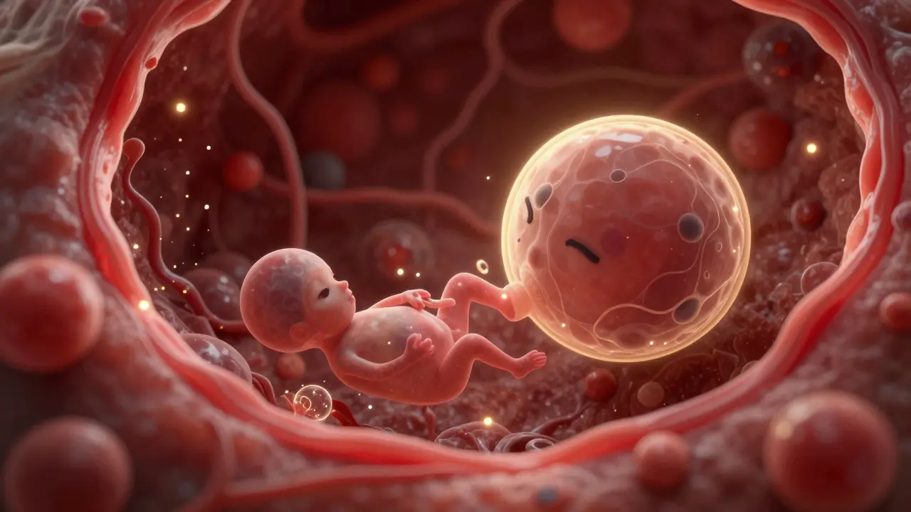 Konceptuální zobrazení implantace embrya do dělohy.