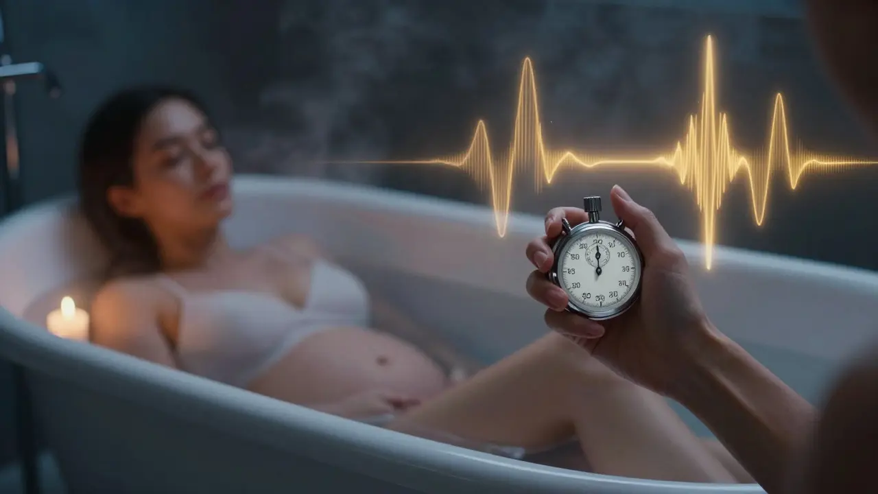 Konceptuální zobrazení relaxace ve vaně a sledování rytmu kontrakcí.