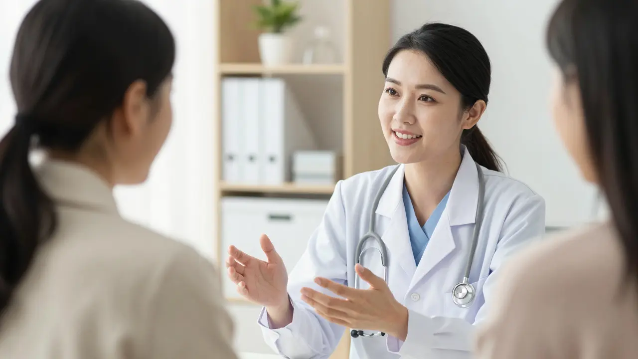 Konzultace mezi ženskou lékařkou a pacientkou v přátelské atmosféře.