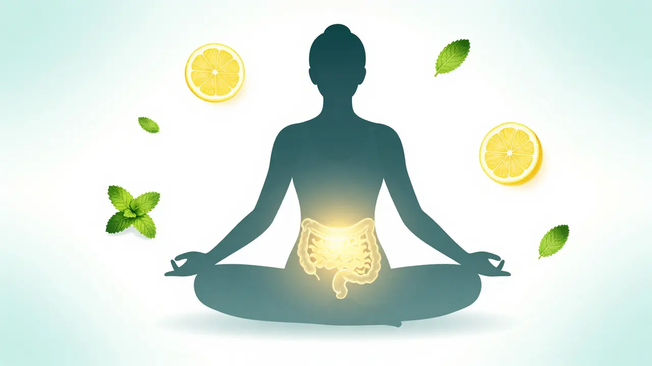 Kresba ženy v pozici jógy s převentNamem zlatým světlem v oblasti břicha.