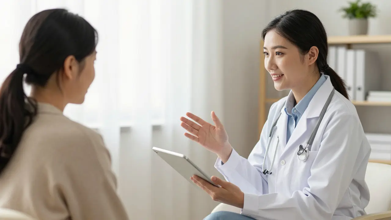  Lékař a pacientka v přátelském rozhovoru o zdraví.