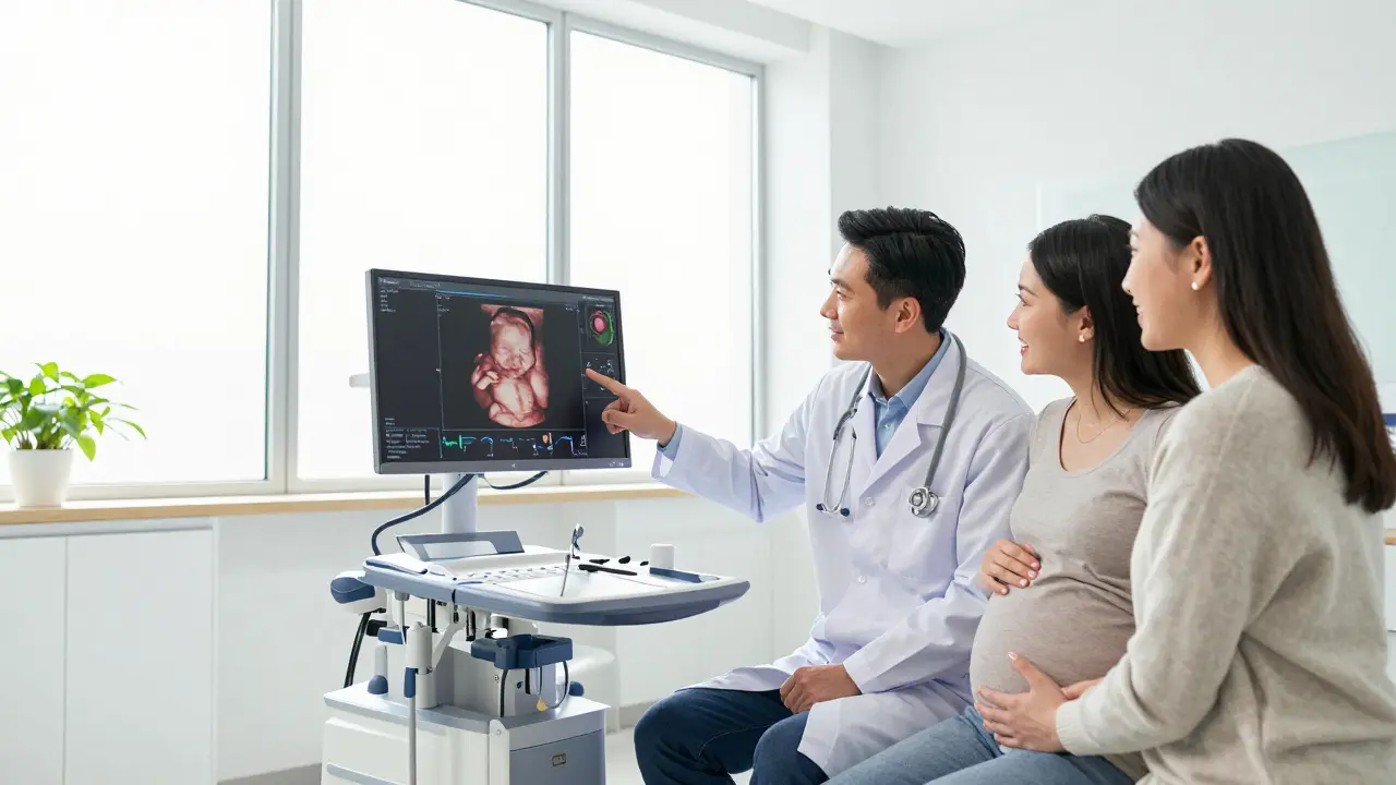 Lékař v moderní brněnské klinice ukazuje výsledky screeningu rodičům.