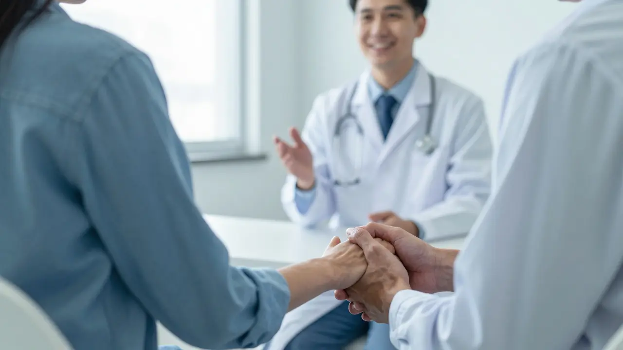 Manželé držící se za ruce během konzultace v lékařské klinice.