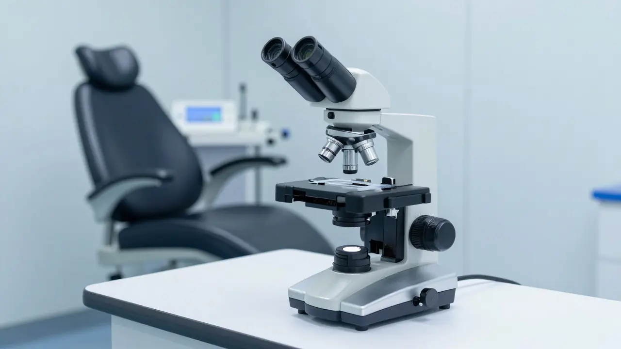 Mikroskop a cytologický vzorek v moderní gynekologické ordinaci.