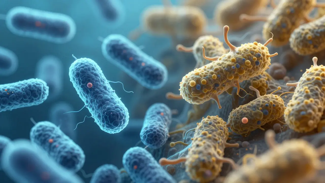 Mikroskopická 3D vizualizace zdravých bakterií proti infekčním mikroorganismům.