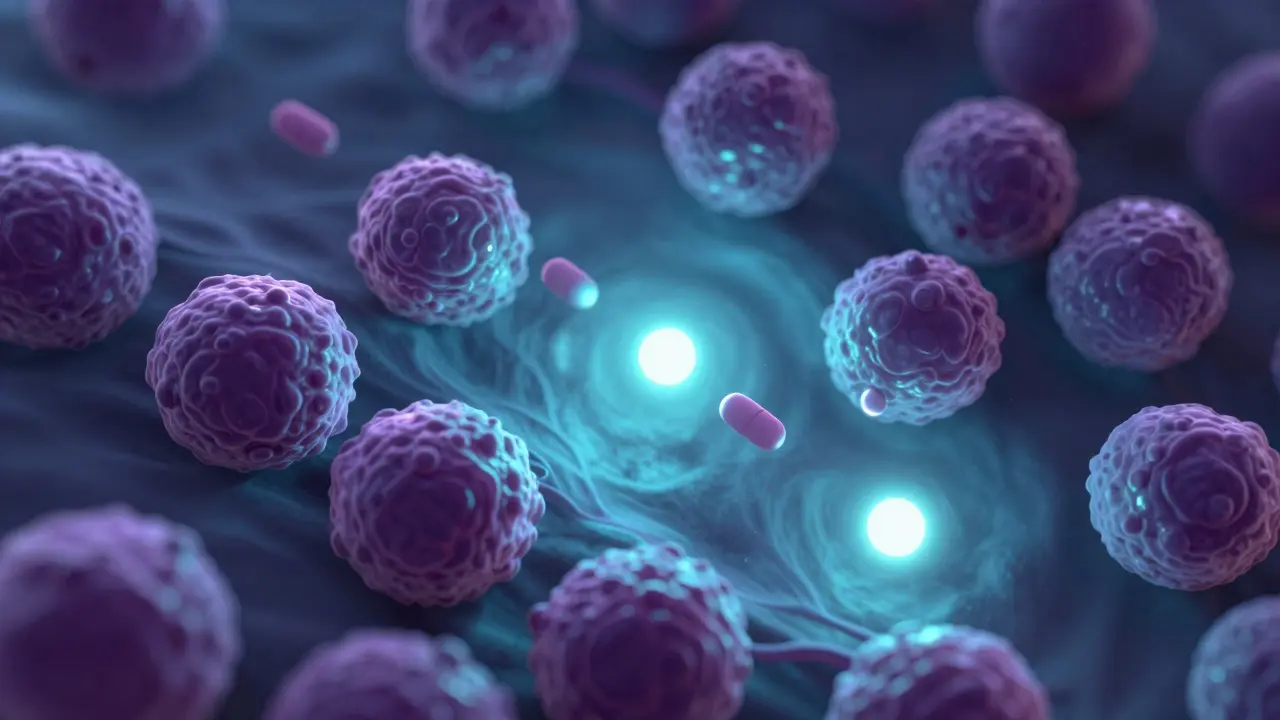 Mikroskopická ilustrace účinku antifungických látek proti kvasinkám.