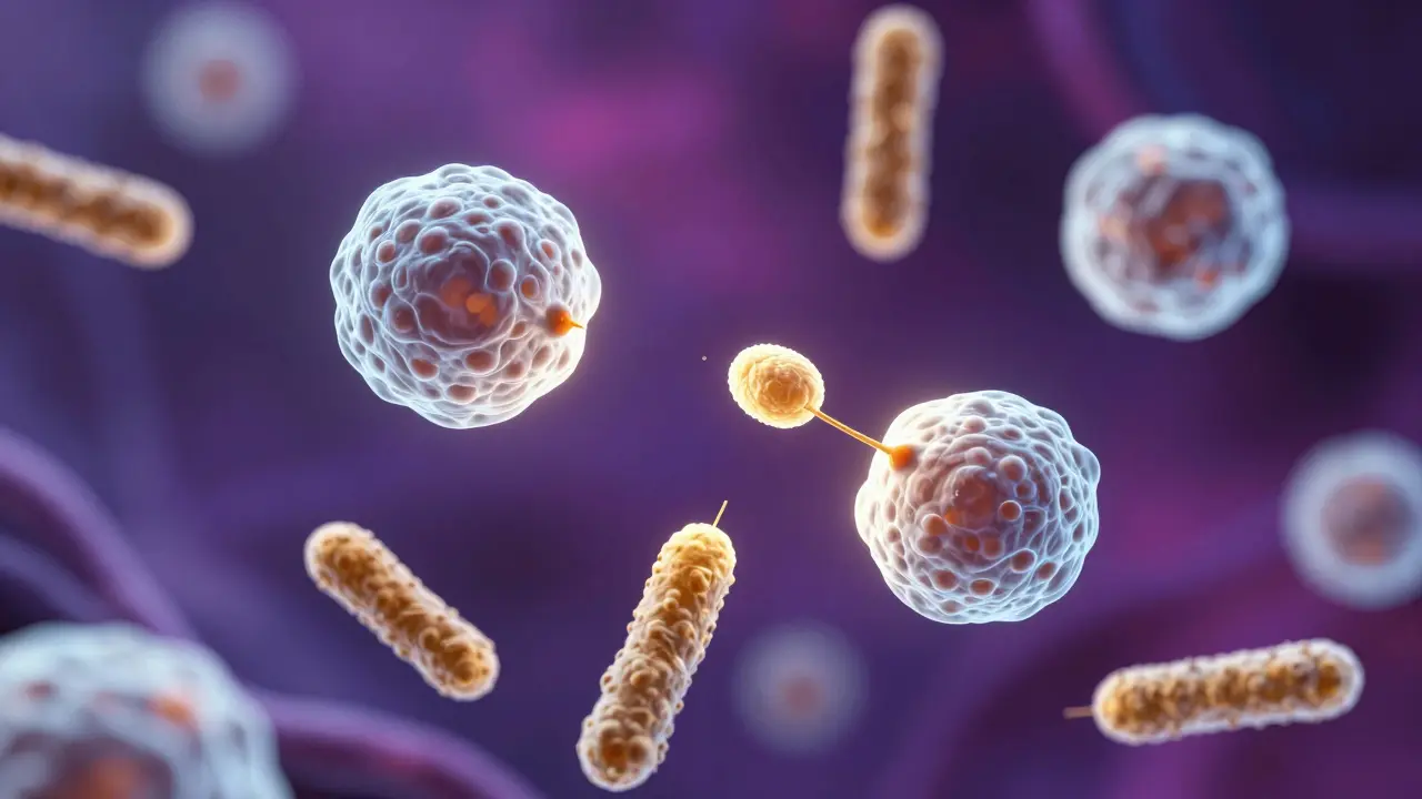 Mikroskopická vizualizace kvasinek Candida a prospěšných mléčných bakterií v těle.