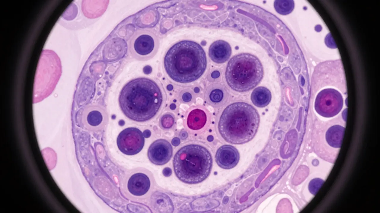 Mikroskopický pohled na rakovinné buňky vaječníku při histopatologickém vyšetření.