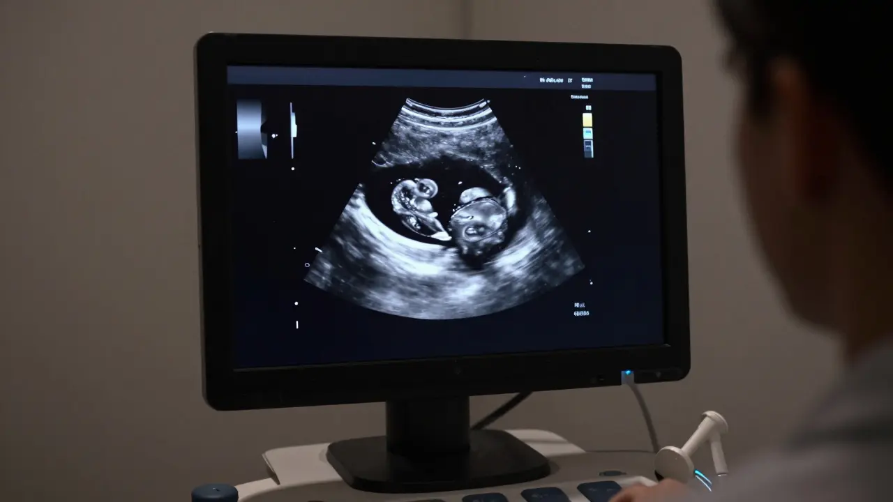 Monitor s ultrazvukovým snímkem dělohy a vaječníků.