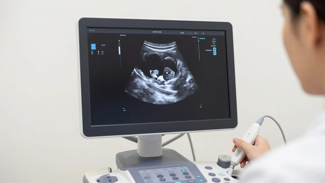 Monitor ultrazvuku zobrazující gestační vakuli a malé embryo v raném těhotenství.