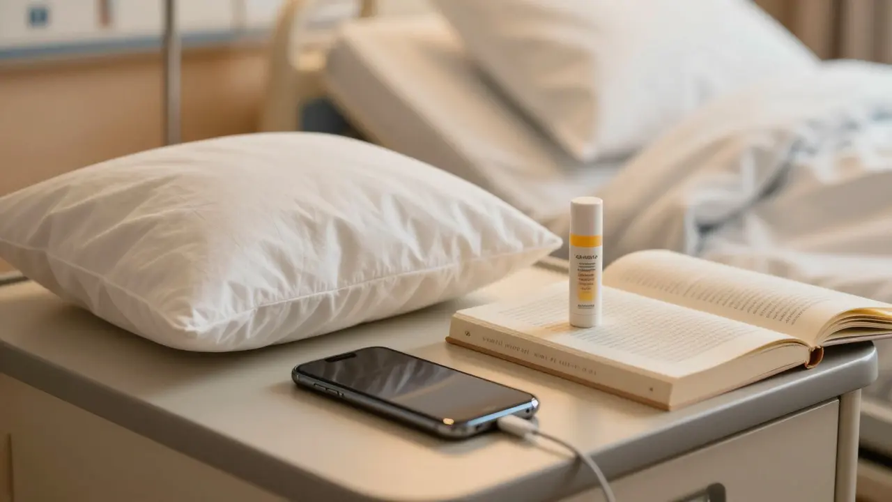 Osobní věci jako polštář, kniha a telefon na stolu u nemocničního lůžka.