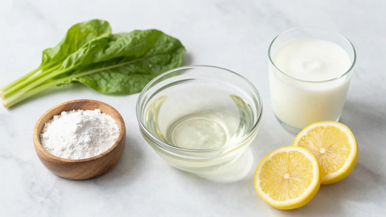 Přírodní pomůcky pro léčbu kvasinek: kokosový olej, soda a kefír.