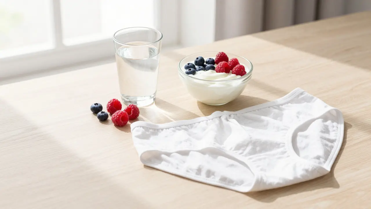 Sestava zdravé stravy s jogurtem, ovocem a bavlněným prádlem jako symboly prevence infekce.