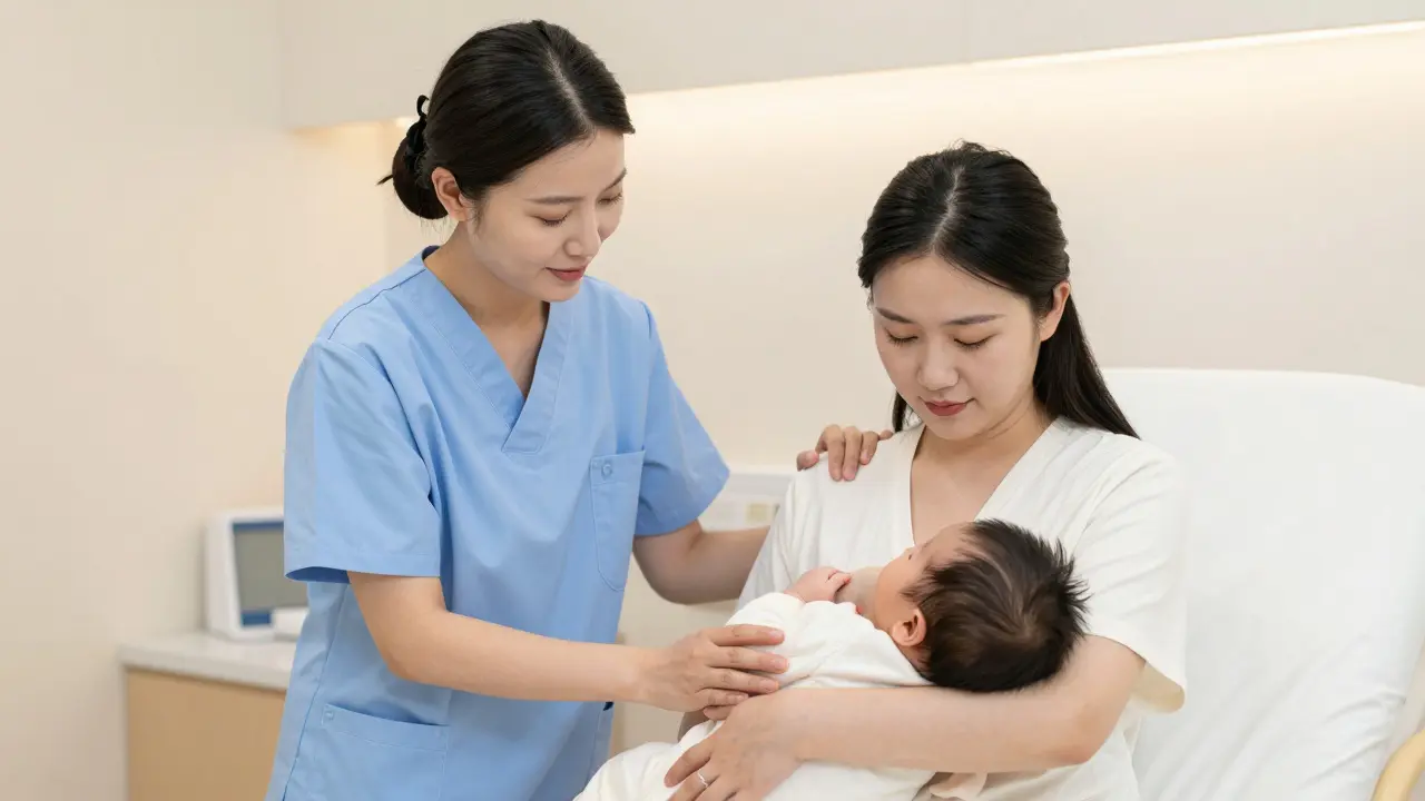 Sestra pomáhá mladé matce s technikou kojení v nemocnici.