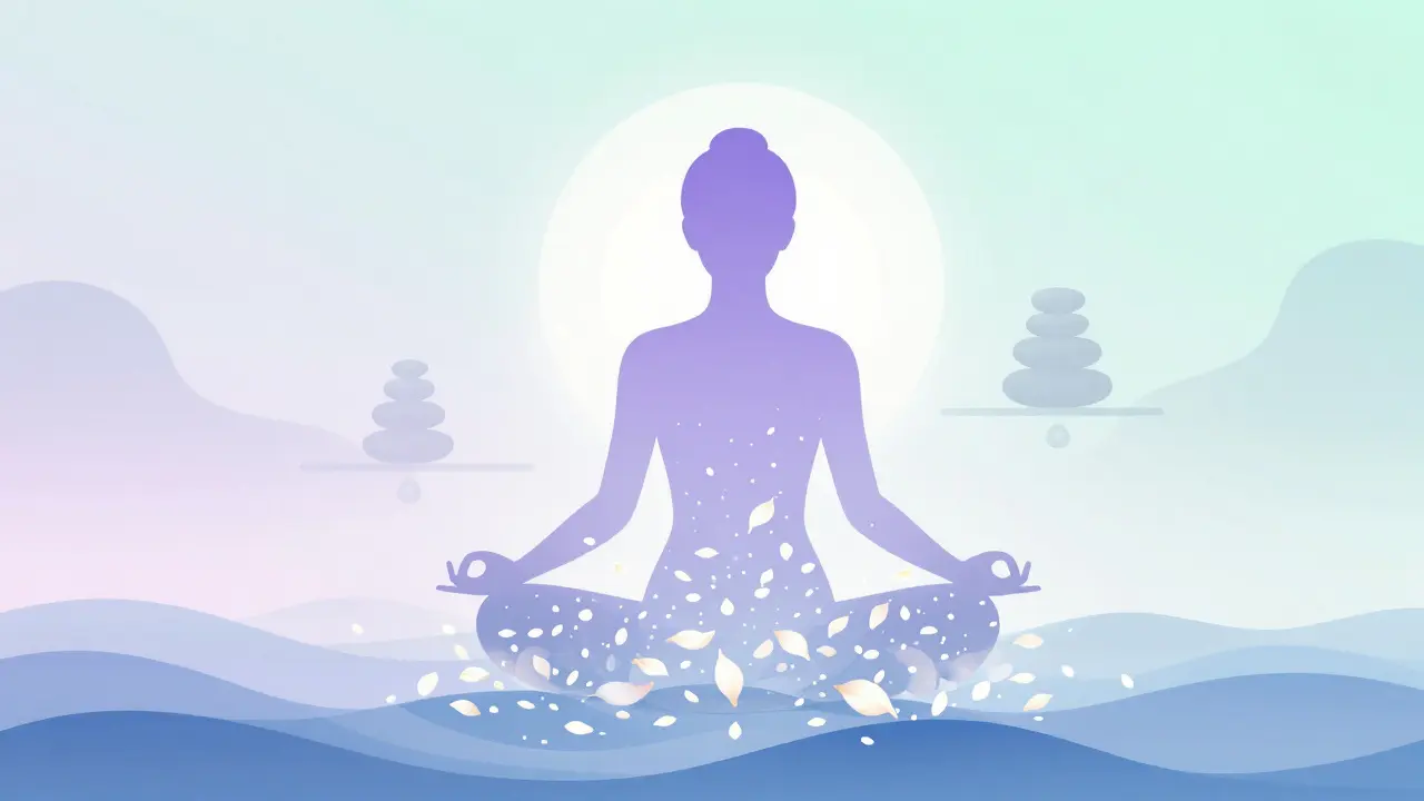 Silueta ženy v meditační póze symbolizující vliv relaxace na zdraví těla.