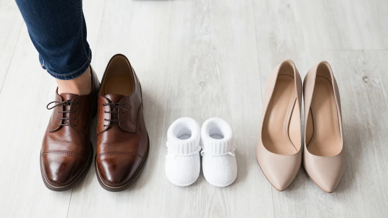 Tři páry bot: pánské, dámské a malé dětské patičky na podlaze.