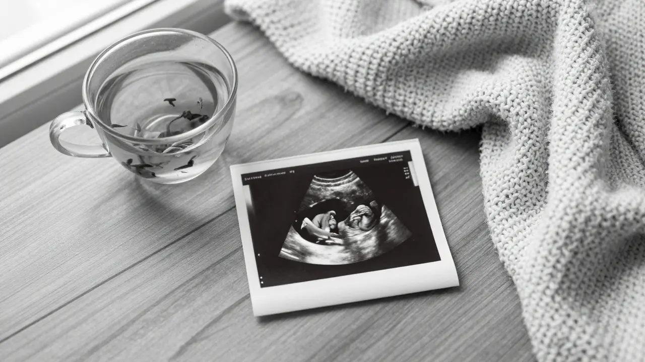 Ultrazvukový snímek plodu vedle šálku čaje na dřevěném stole.